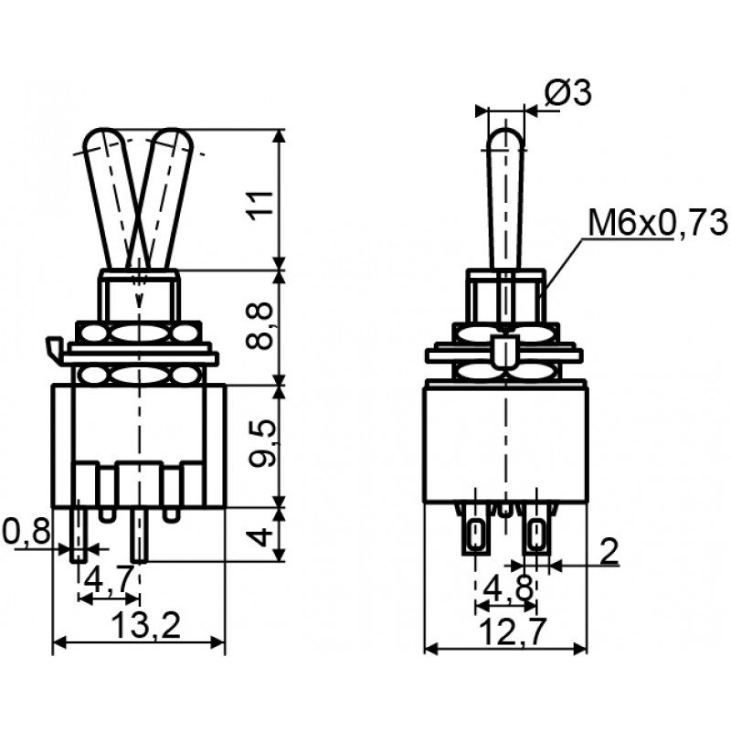 Тумблер MTS-211 (ON)-OFF 2Пол. *4Конт.