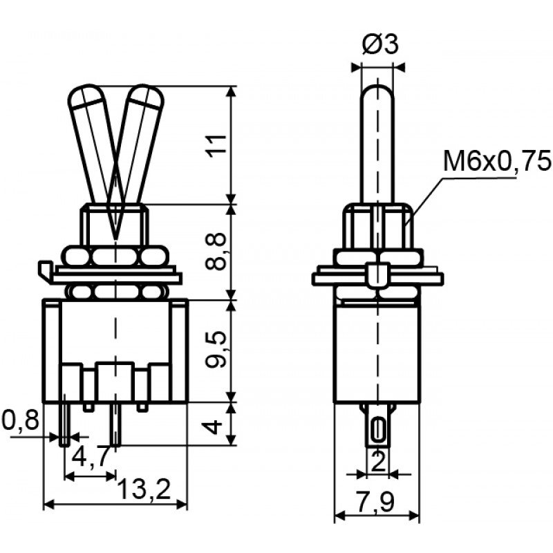 Тумблер MTS-101 ON-OFF 2Пол. *2Конт.