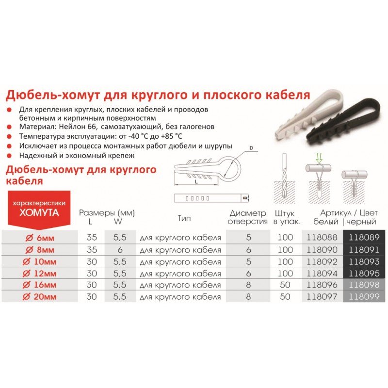 Дюбель-хомут VARGO для круглого кабелю Ø16мм, чорний 50шт (118098)
