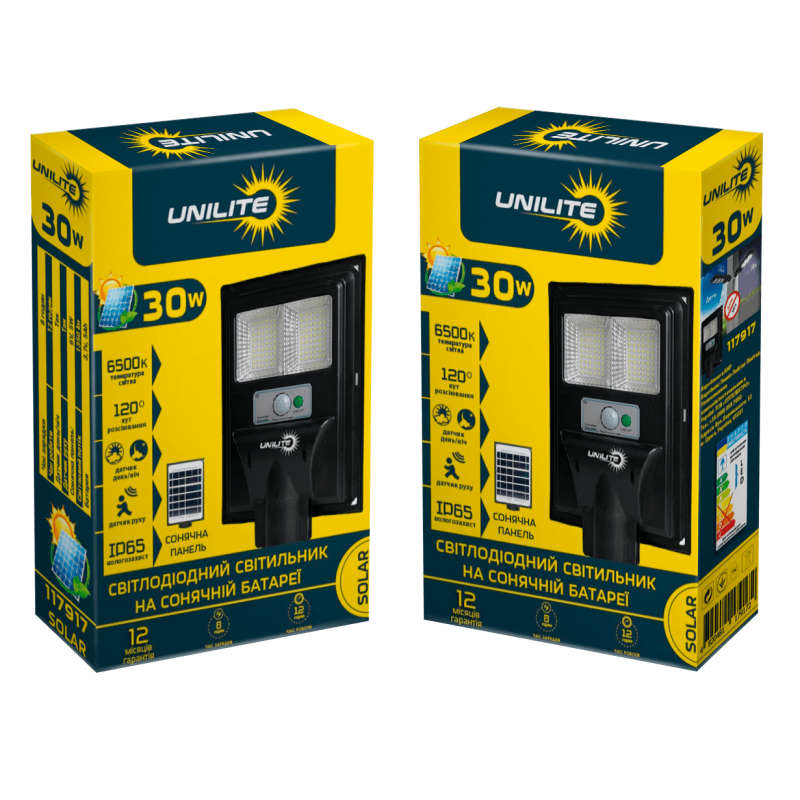 LED вуличний світильник на сонячній батареї UNILITE 30W 6500K, Акумулятор: 3.2V, 4.5Аh Сонячна панель: 6V, 4W, з датчик руху, 117917
