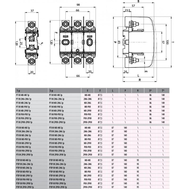 Корпус запобіжника PT 00 M8-M8 3p 004131200
