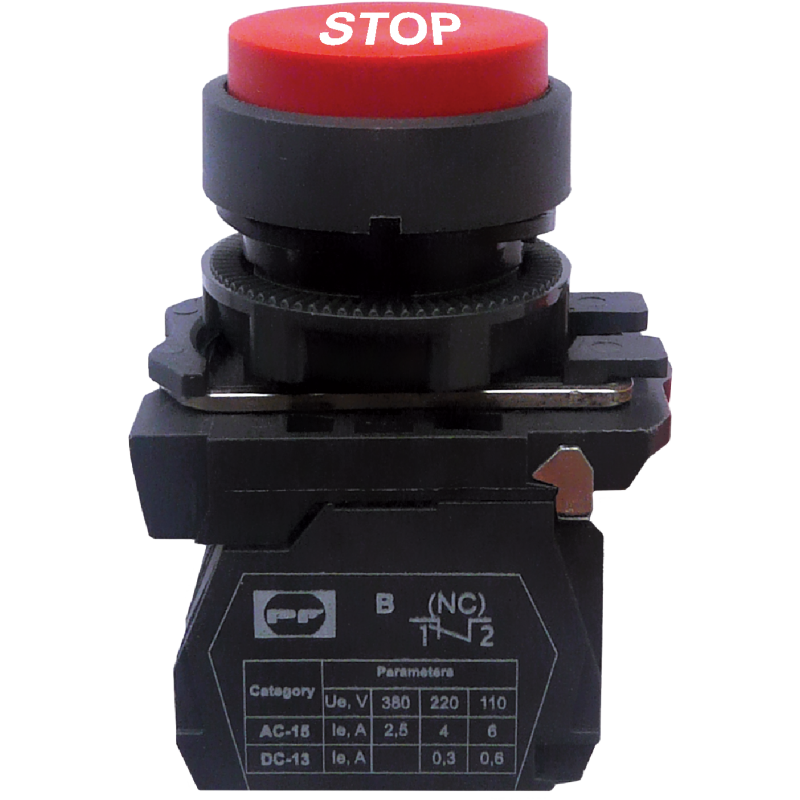 Вимикач кнопковий пластиковий FP5-AL4342 1NC (STOP, червоний)