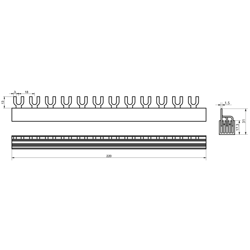 Гребінчаста шина FLF 10мм2 63A 3P 12 модулів тип FORK