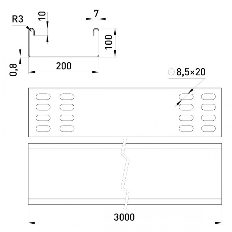 Лоток неперфорований 200х100, 3 м, товщ. 0,8 мм.