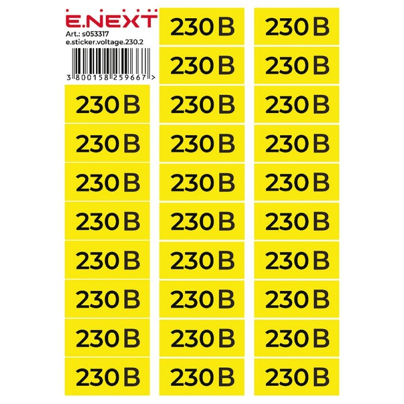 Самоклеюча наліпка "230В" e.sticker.voltage.230.2 (90х38мм) 26 шт/аркуш