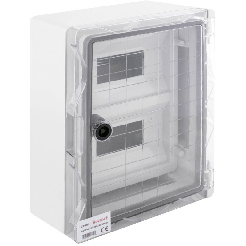 Корпус удароміцний з АБС-пластика e.plbox.250.330.130.18m.tr, 250х330х130мм, IP65 з прозорими дверцятами та панеллю під 18 модулів