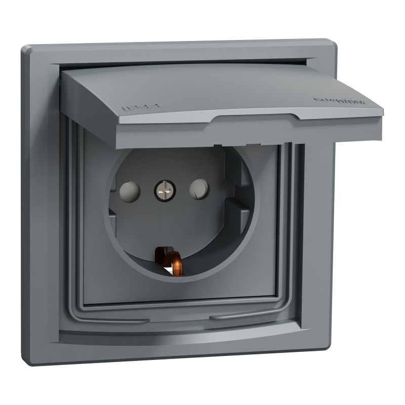РОЗЕТКА IP44 З КРИШКОЮ, З ЗАЗЕМЛЕННЯМ, З ЗАХИСНИМИ ШТОРКАМИ, СТАЛЬ ASFORA