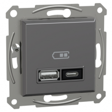 Подвійний зарядний пристрій USB, Asfora, тип A+C, 21 Вт, механізм з супортом, антрацит